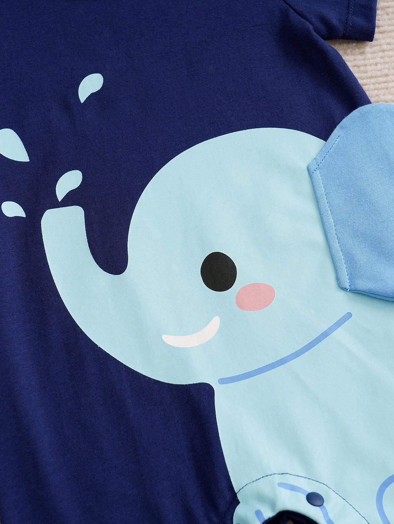SHEIN Yierying Baby Boy Casual Elephant Graphic Summer Jumpsuit Comfortable Outdoor Outfit