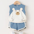 SHEIN Cozy Pixies 2pcs Baby Boy Cartoon Bear Print Sleeveless Top & Shorts Set