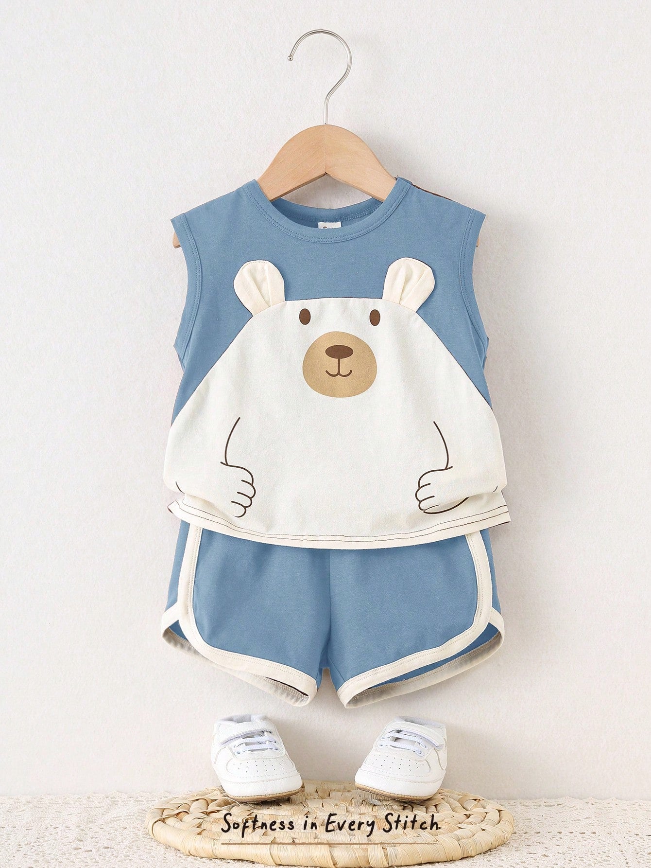 SHEIN Cozy Pixies 2pcs Baby Boy Cartoon Bear Print Sleeveless Top & Shorts Set