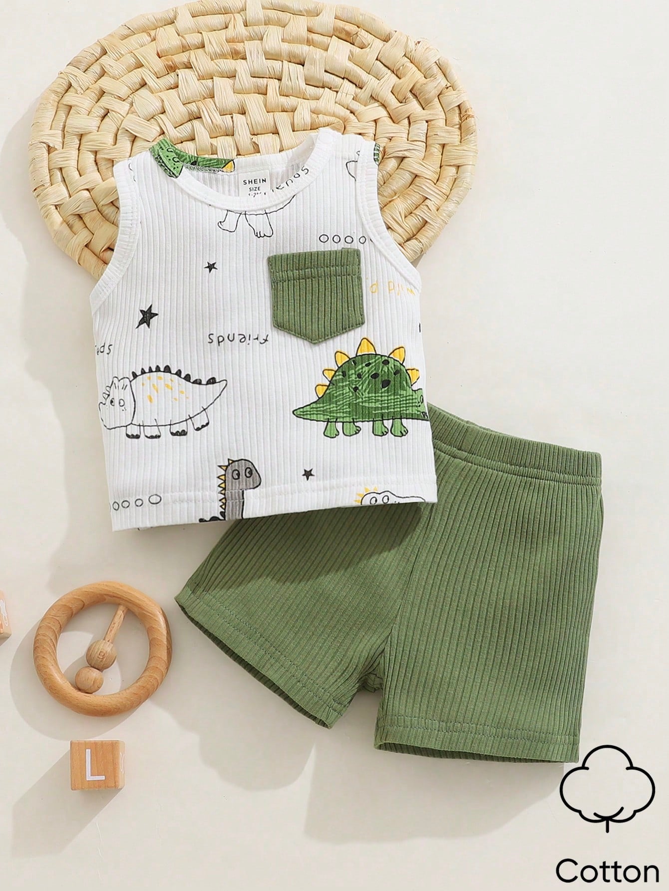SHEIN 2pcs Newborn Baby Boy Summer Cartoon Dinosaur Print Vest & Shorts Set