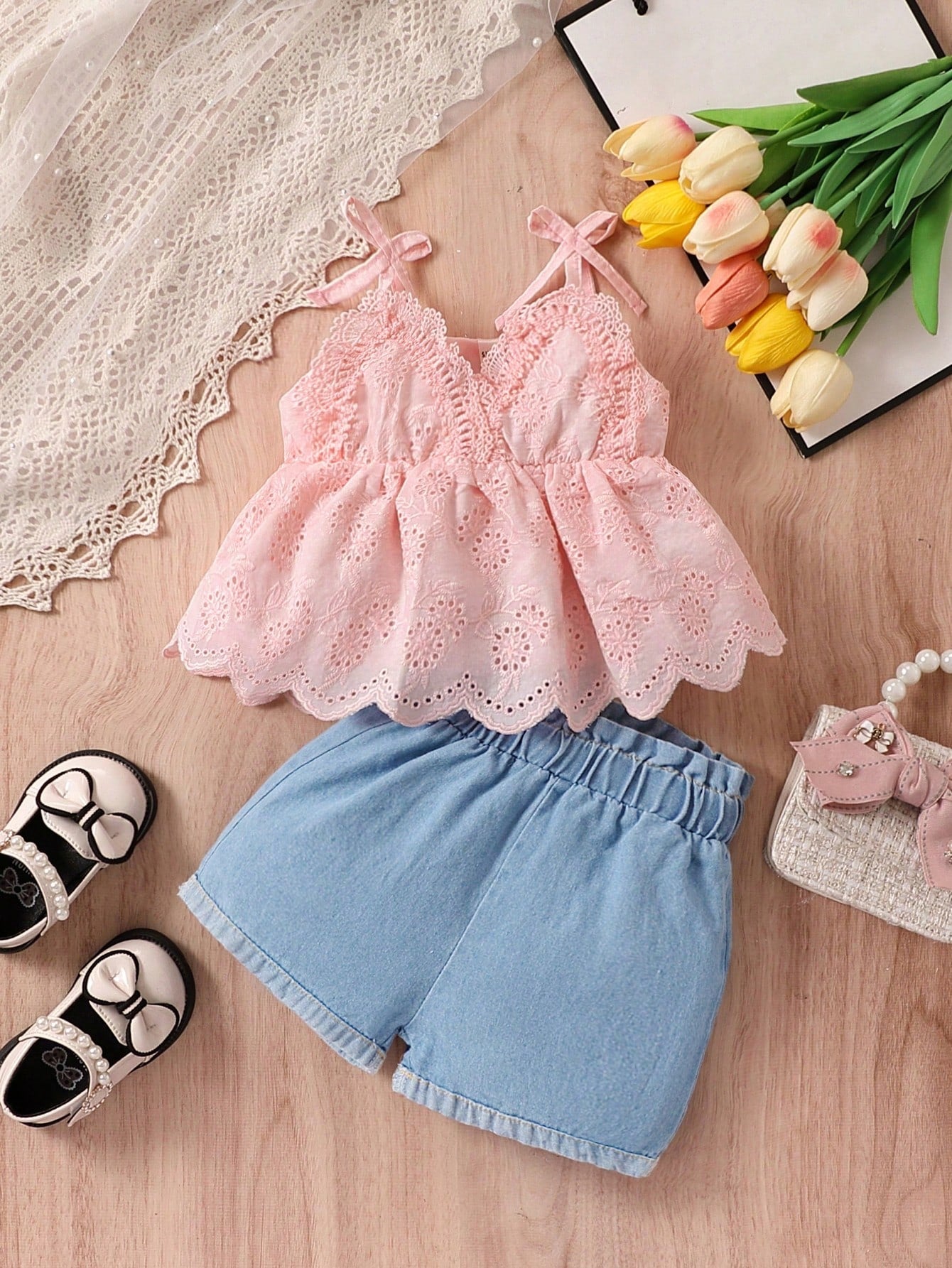 SHEIN Vintaside Baby Girl Bow Shoulder Cami Top & Paperbag Waist Shorts Set