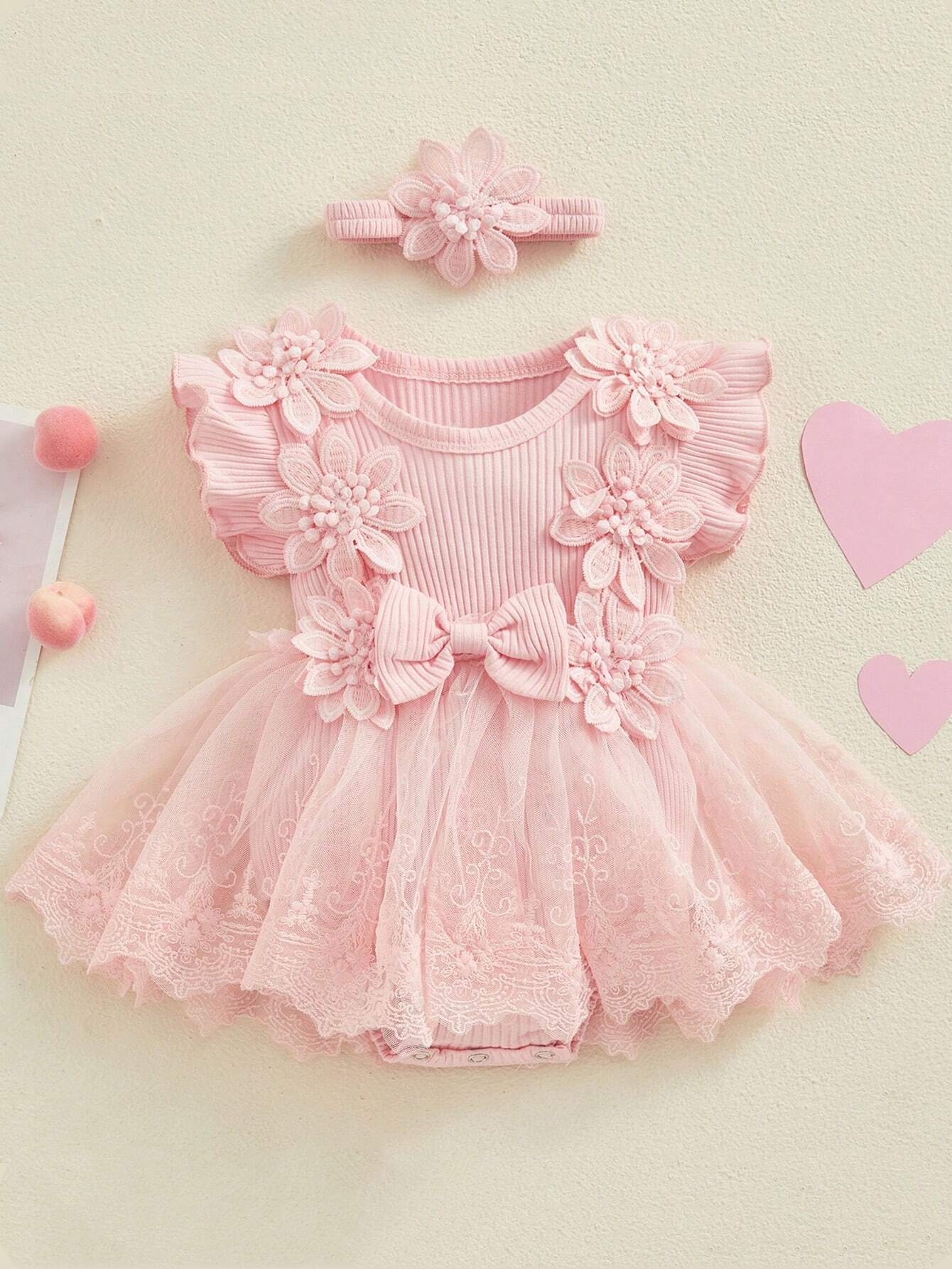 SHEIN Newborn Baby Girl Short Sleeve Mesh Tutu Bodysuit Dress with Headband Set