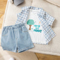SHEIN 3pcs Baby Boy Plaid Shirt, White T-Shirt & Denim Shorts Summer Outfit Set