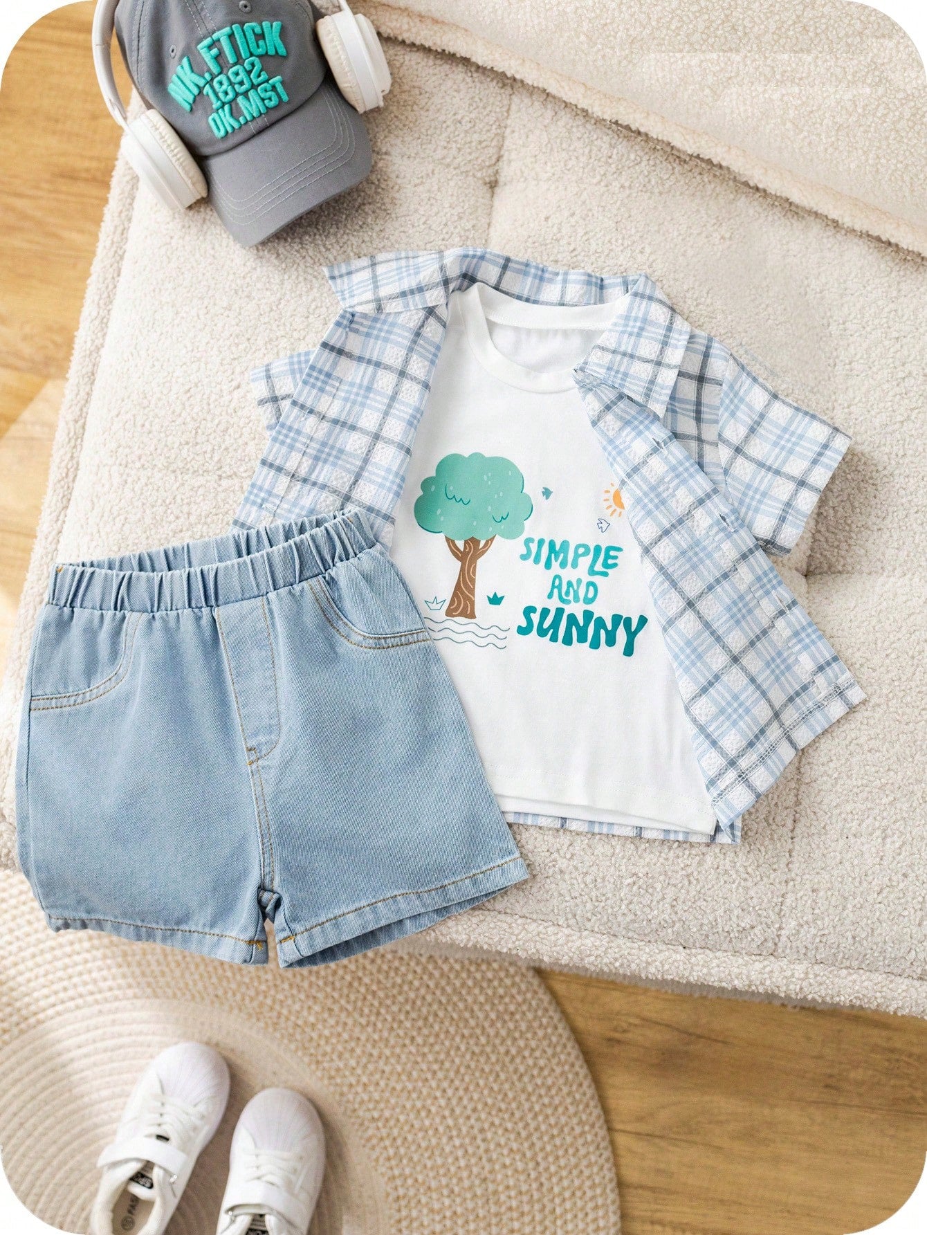 SHEIN 3pcs Baby Boy Plaid Shirt, White T-Shirt & Denim Shorts Summer Outfit Set