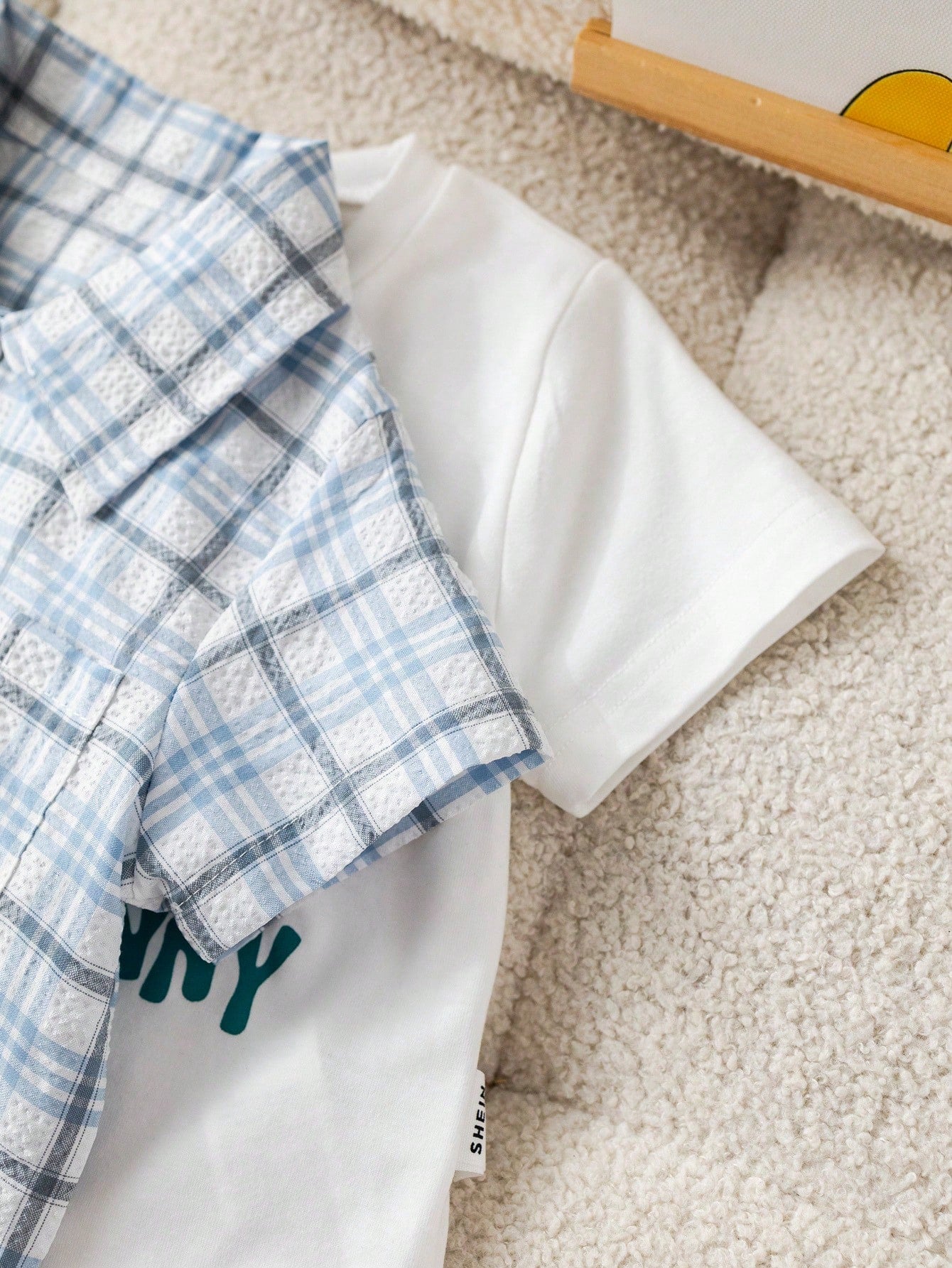 SHEIN 3pcs Baby Boy Plaid Shirt, White T-Shirt & Denim Shorts Summer Outfit Set