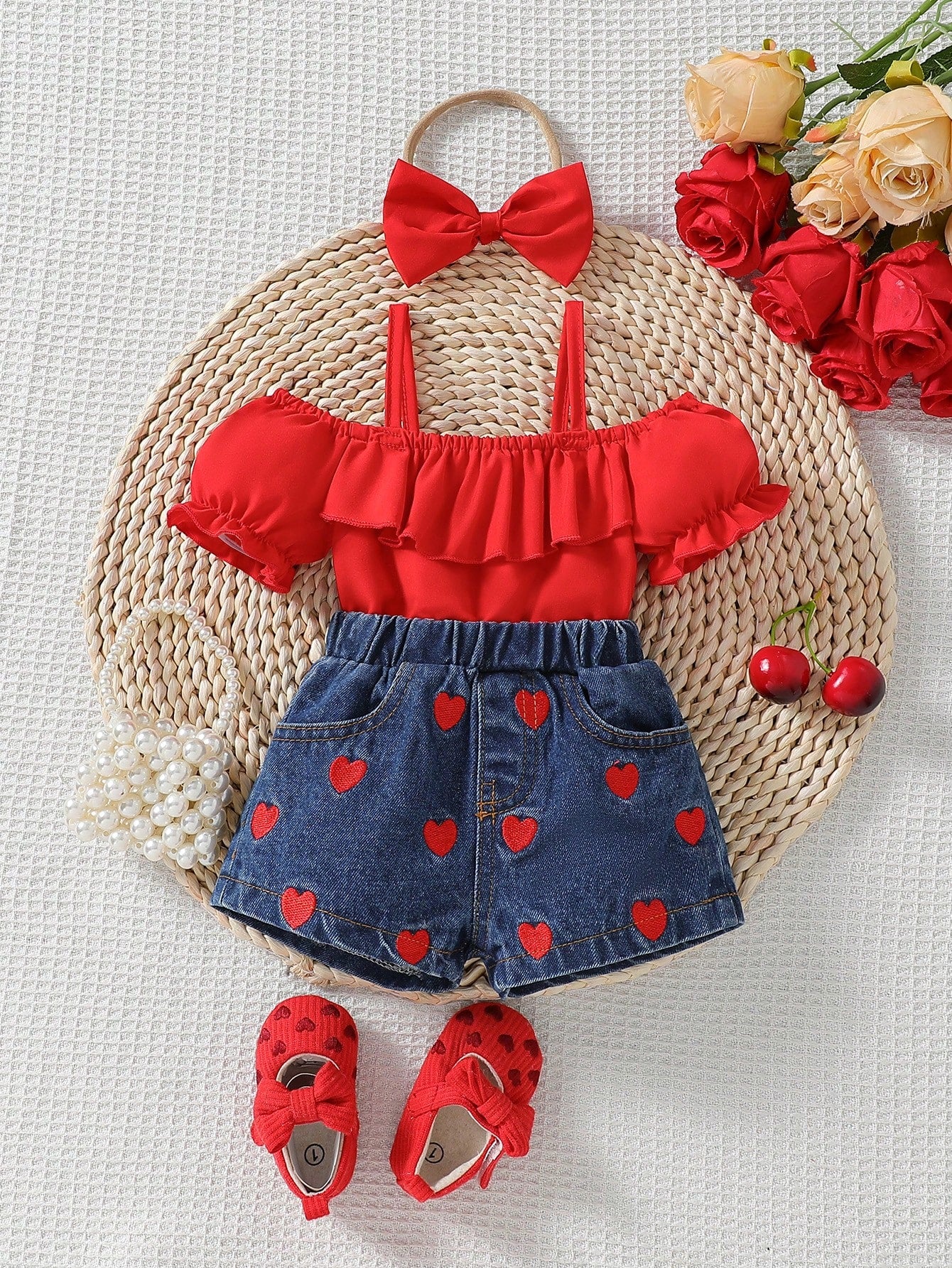 SHEIN 2pcs Baby Girls Fashion Denim Outfit Set with Casual Jeans & Bow Decor