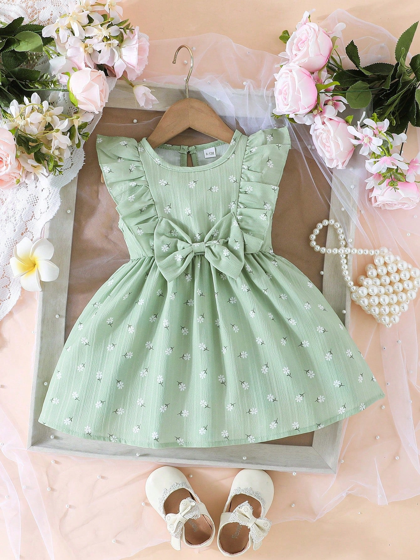 SHEIN Baby Girls Multi-Color Daisy Sleeveless Dress with Big Bow Accent