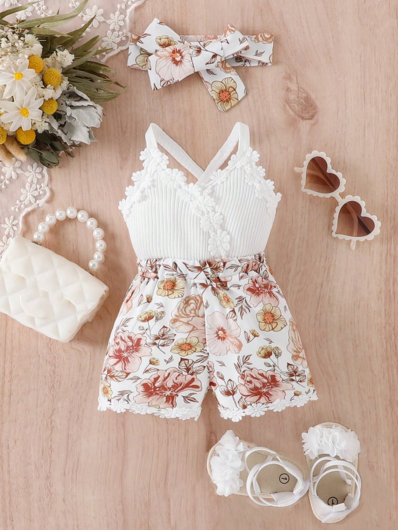 SHEIN Baby Girl Floral Print Crisscross Back Cami Romper Set