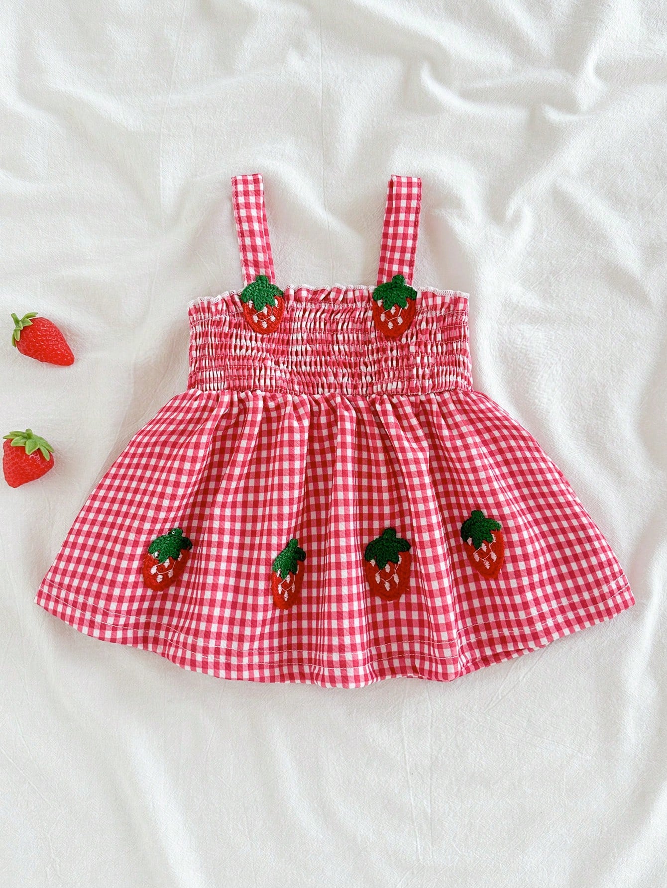 SHEIN Newborn Baby Girl Blue Plaid Floral Embroidery Cami Dress for Spring/Summer Outings