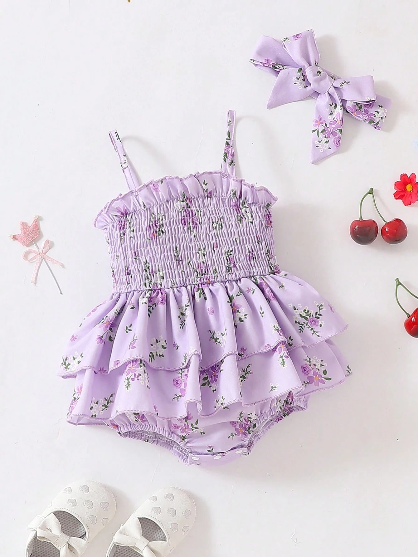 SHEIN Baby Girl Summer Spaghetti Strap Ruffled Hem One-Piece Bodysuit Set