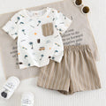 SHEIN 2pcs Newborn Baby Boy Round Neck Short Sleeve Top & Striped Shorts Summer Outfit Set