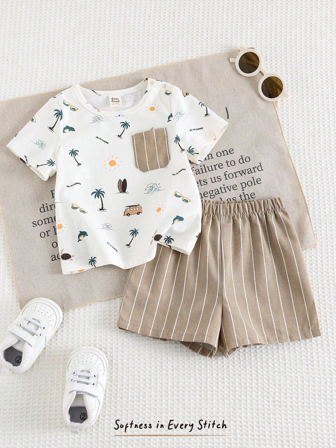 SHEIN 2pcs Newborn Baby Boy Round Neck Short Sleeve Top & Striped Shorts Summer Outfit Set