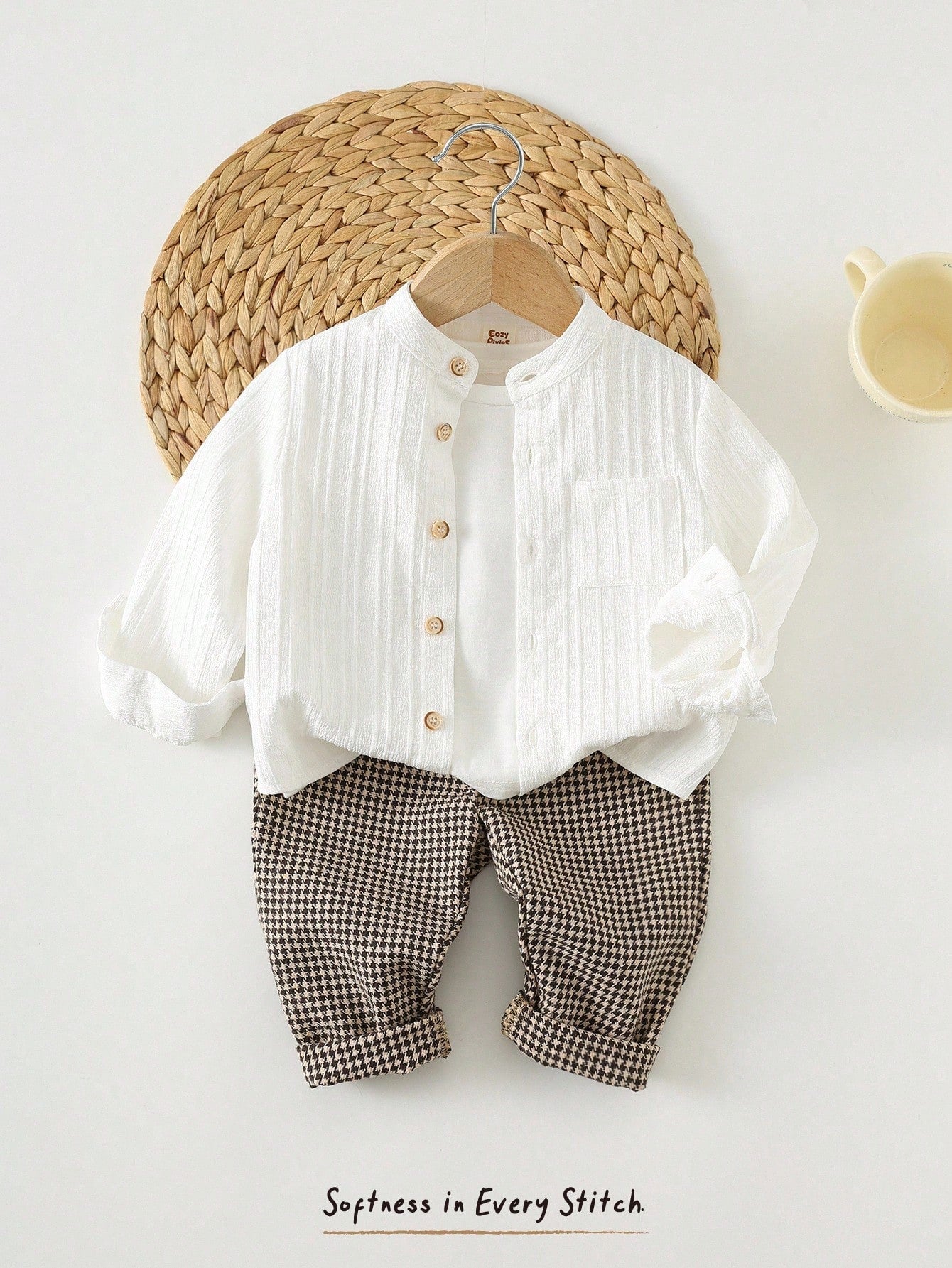 SHEIN 2pcs Baby Boy Long Sleeve Cardigan Top & Elastic Waist Pants Set