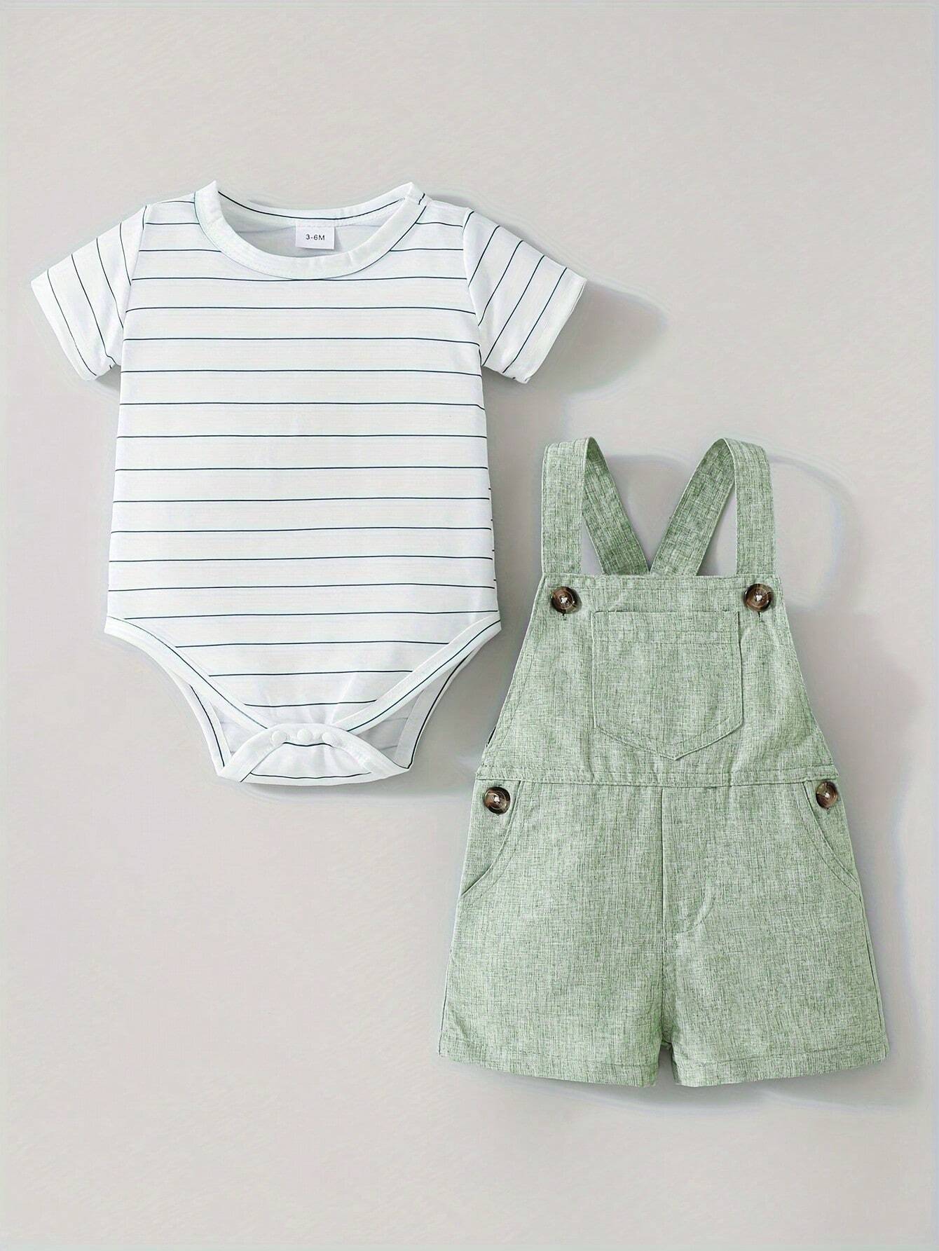 SHEIN 2pcs Baby Boy Striped Short Sleeve Bodysuit & Overall Pants Summer Set