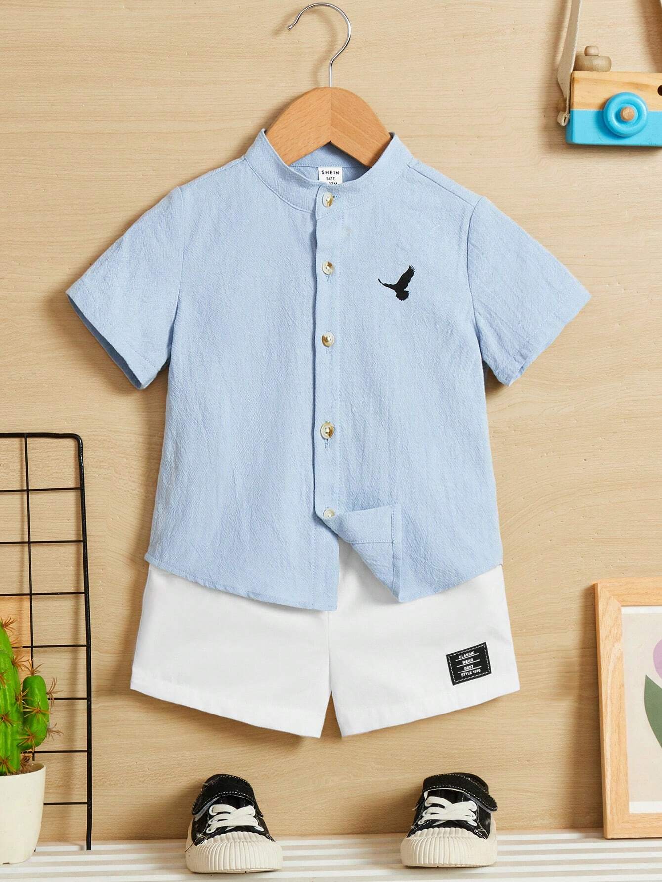 SHEIN Baby Boy Casual Bird Print Button-Up Shirt & Shorts Set