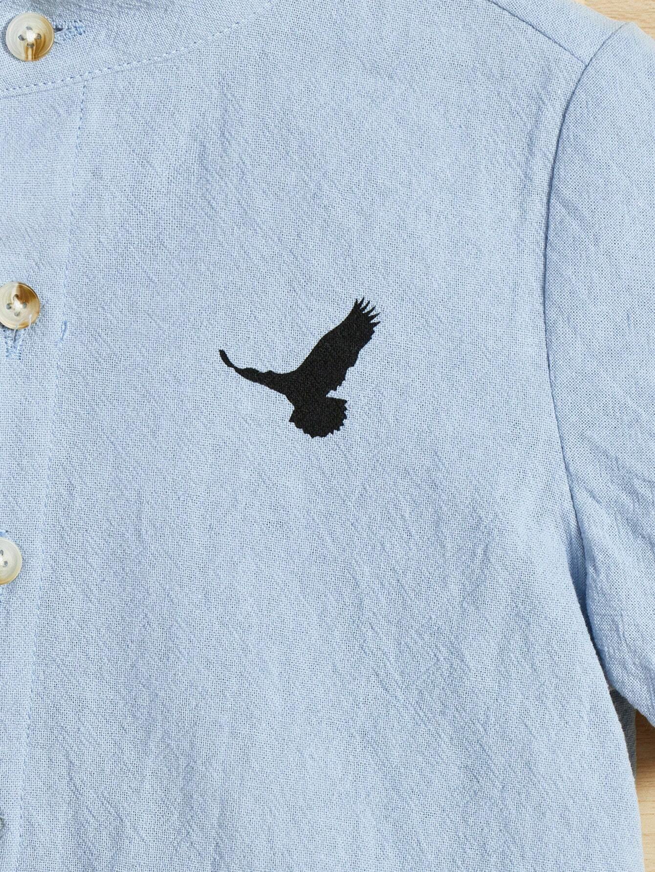 SHEIN Baby Boy Casual Bird Print Button-Up Shirt & Shorts Set