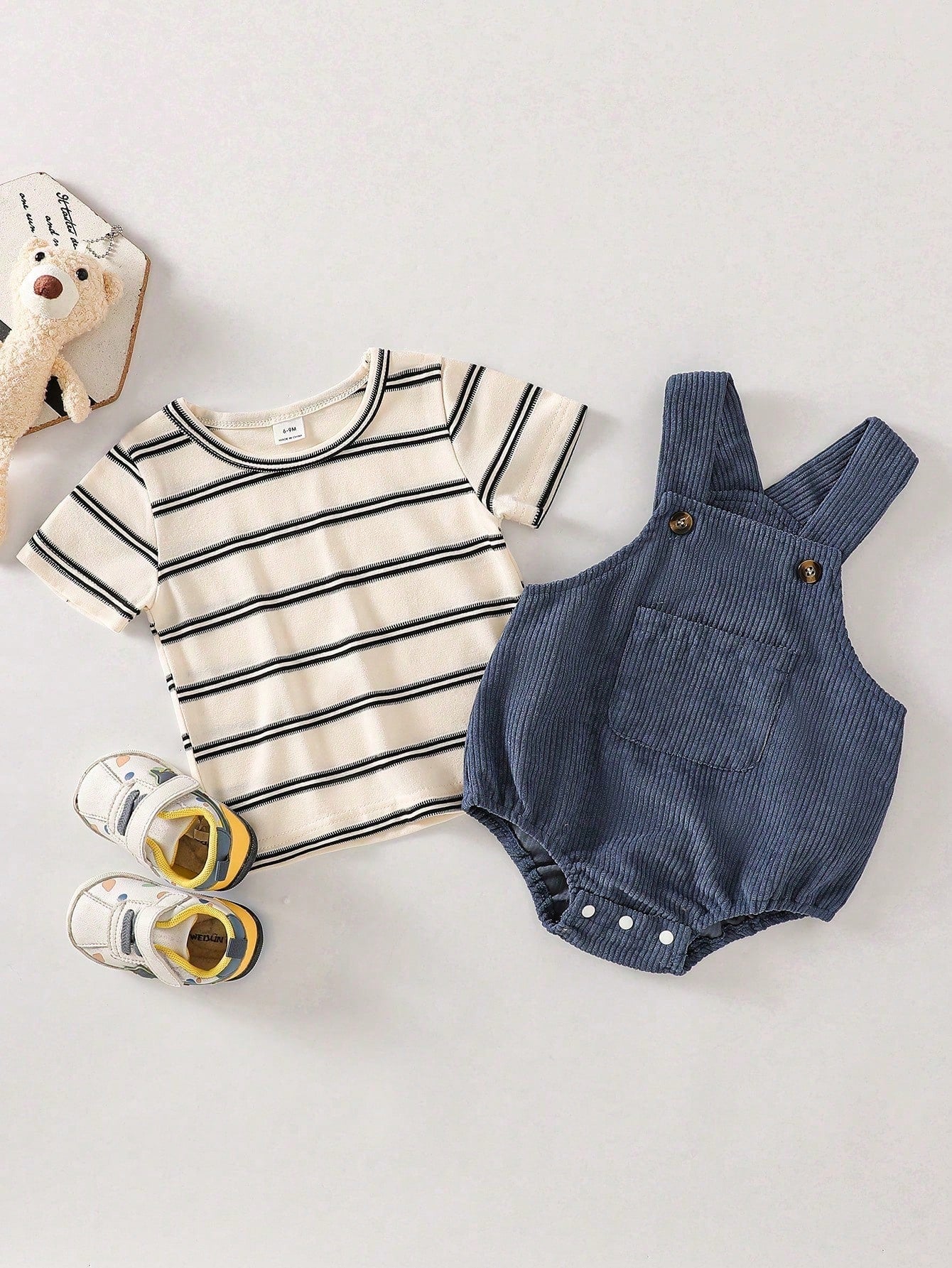 SHEIN Newborn Baby Boy Black & White Striped Short Sleeve Top & Blue Corduroy Bodysuit Set