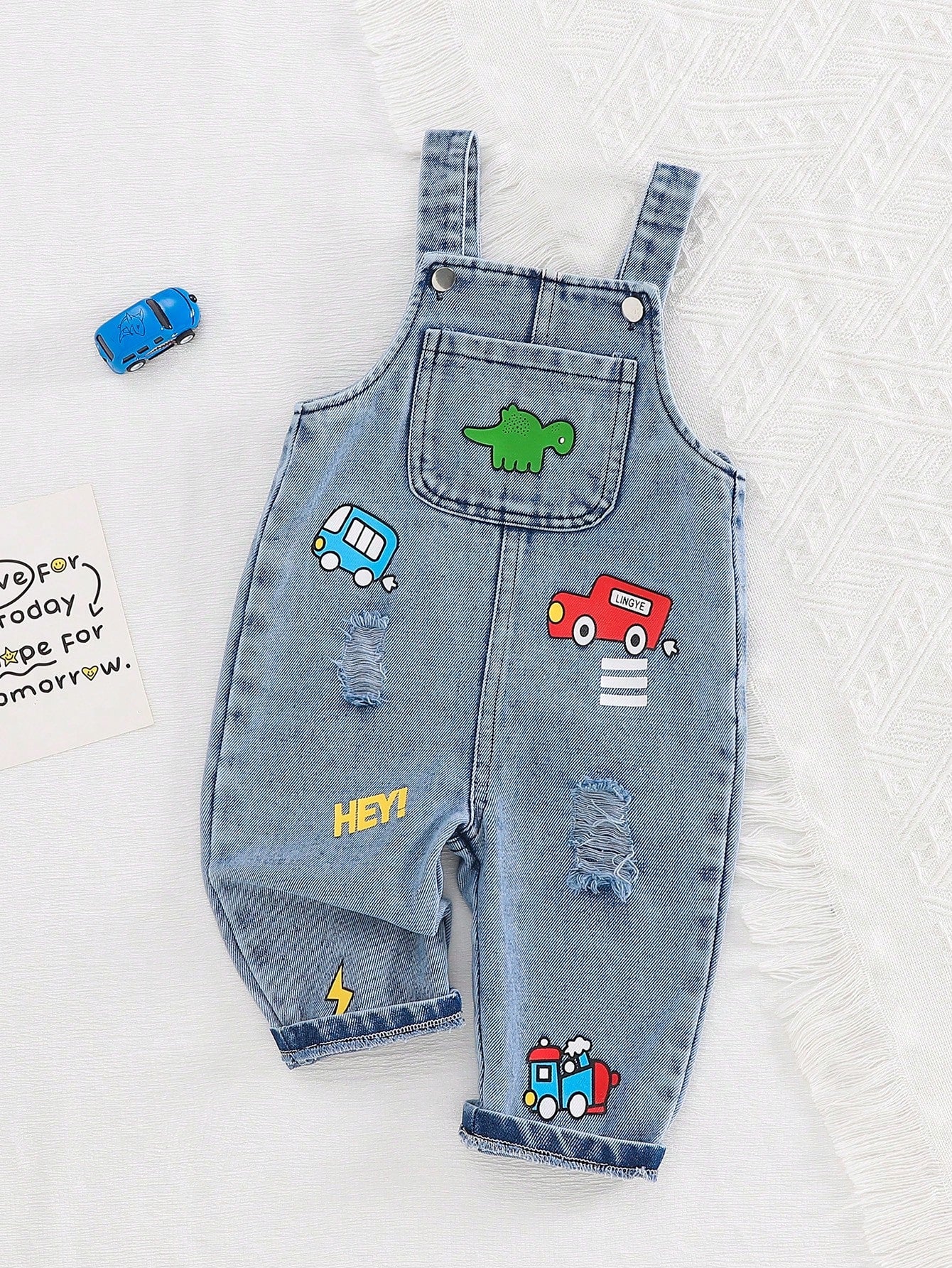 SHEIN Playful Pals Baby Boys Denim Cartoon Print Jumpsuit