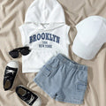SHEIN Blue Playful Pals Baby Boys Graphic Hooded Vest And Denim Shorts Set