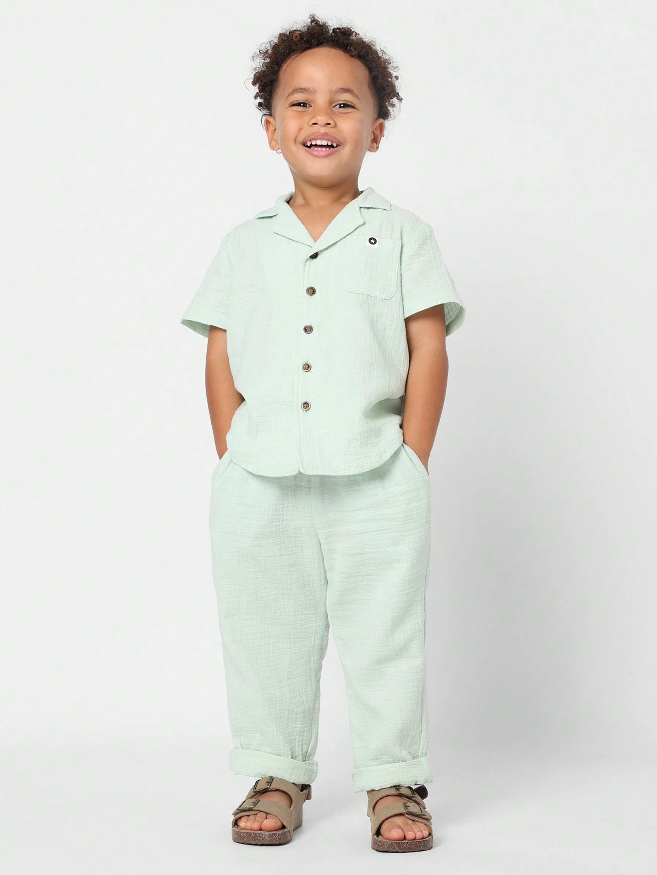 SHEIN SUMWON Boys Linen Summer Shirt And Pants Two-Piece Set