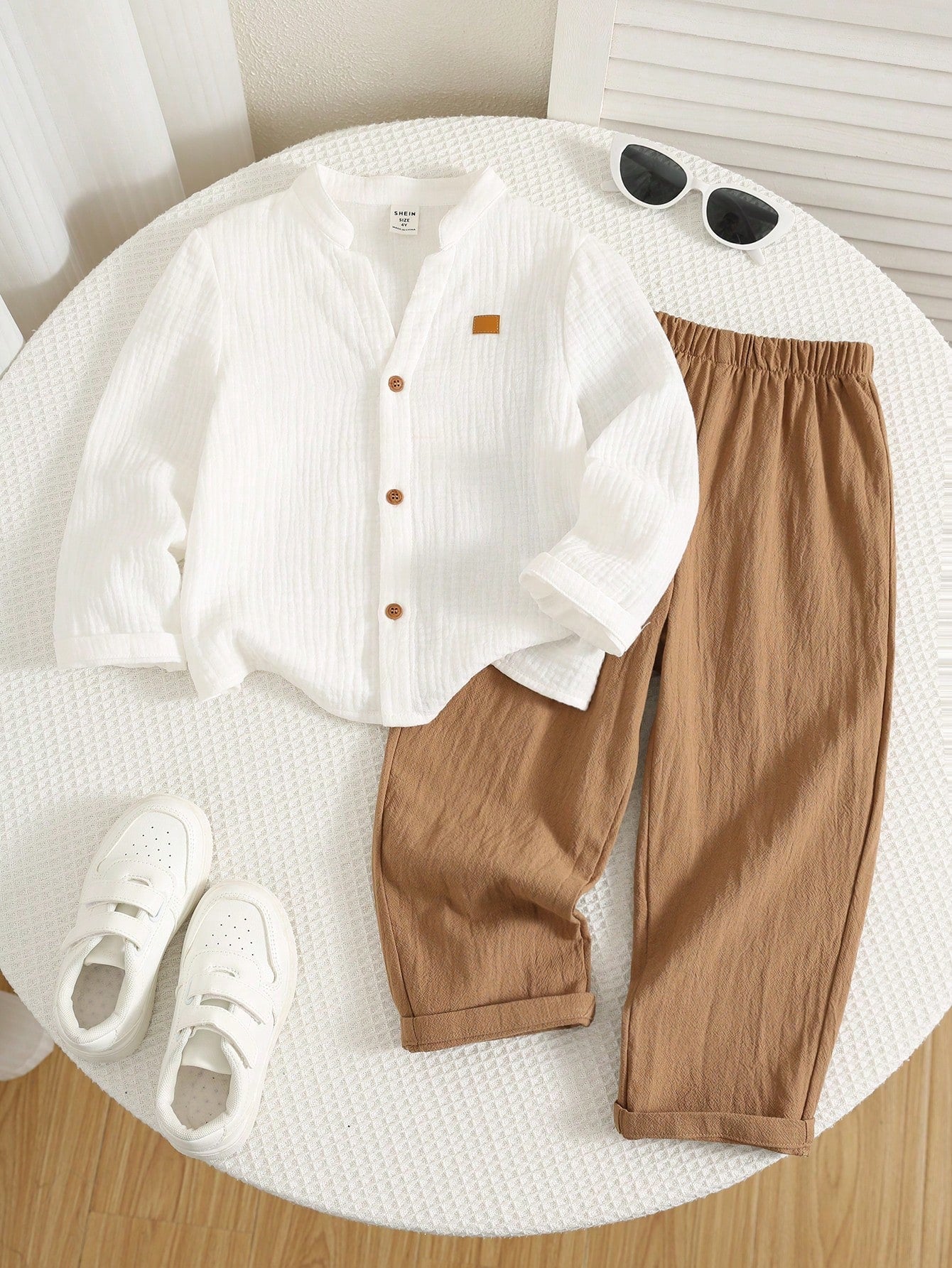 SHEIN Boys Stand Collar Shirt And Trousers 2-Piece Set