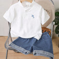 SHEIN Boys Korean Style White Polo And Denim Shorts Set