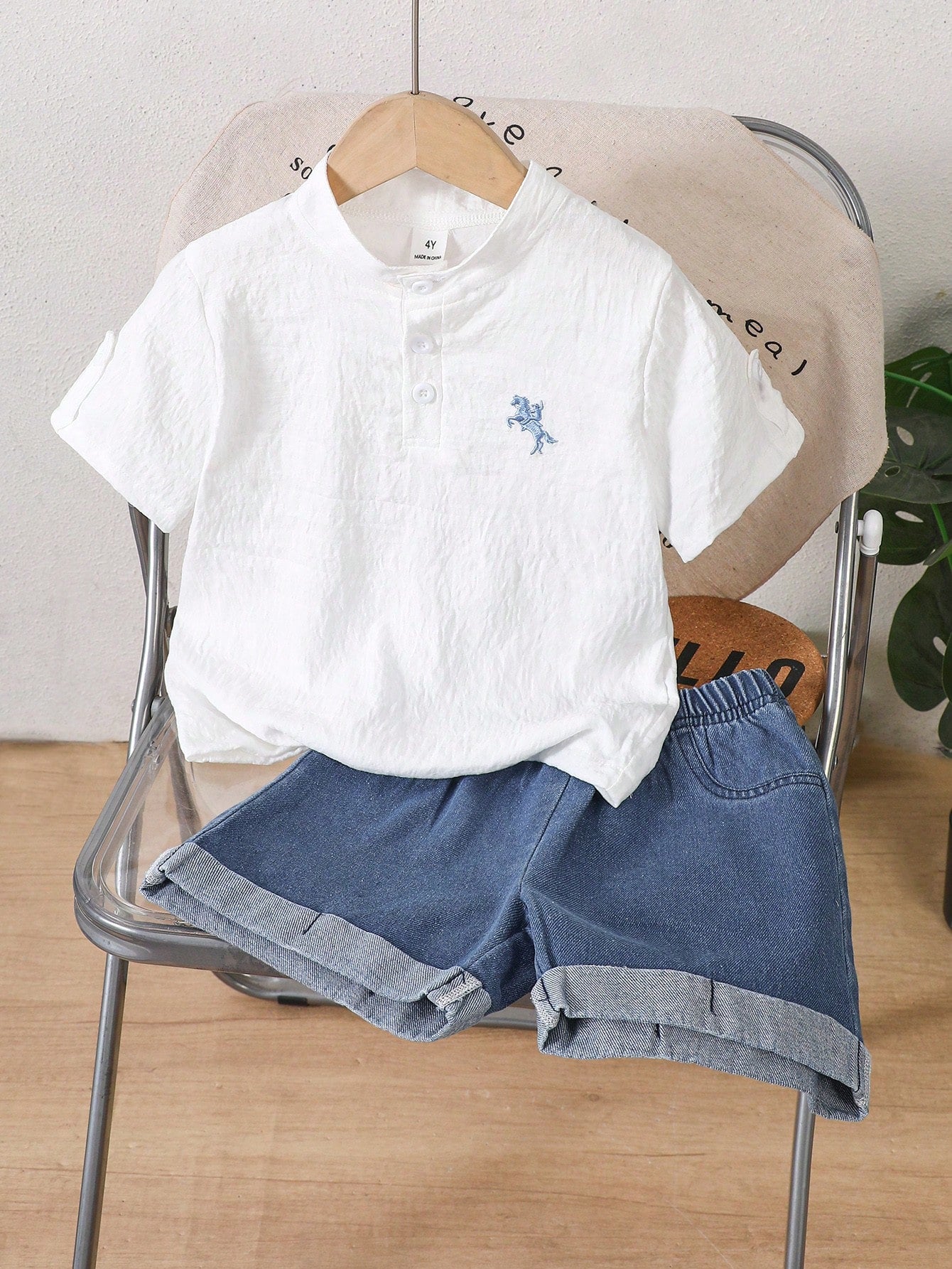 SHEIN Boys Korean Style White Polo And Denim Shorts Set