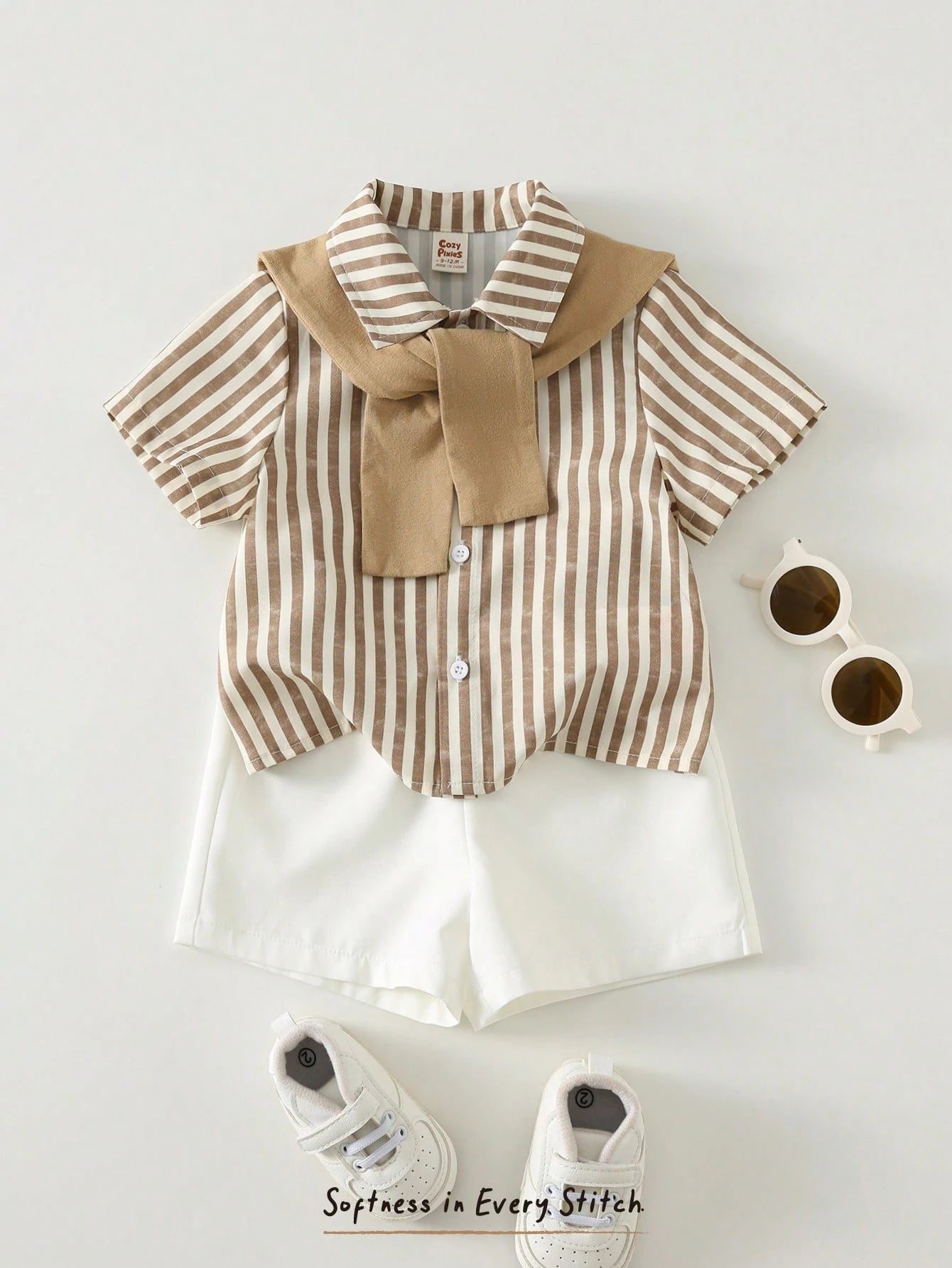 SHEIN Cozy Pixies Baby Boys 3-Piece Shawl Collar Shirt And Shorts Set