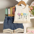 SHEIN Girls Floral Embroidery Vest And Tassel Shorts Set