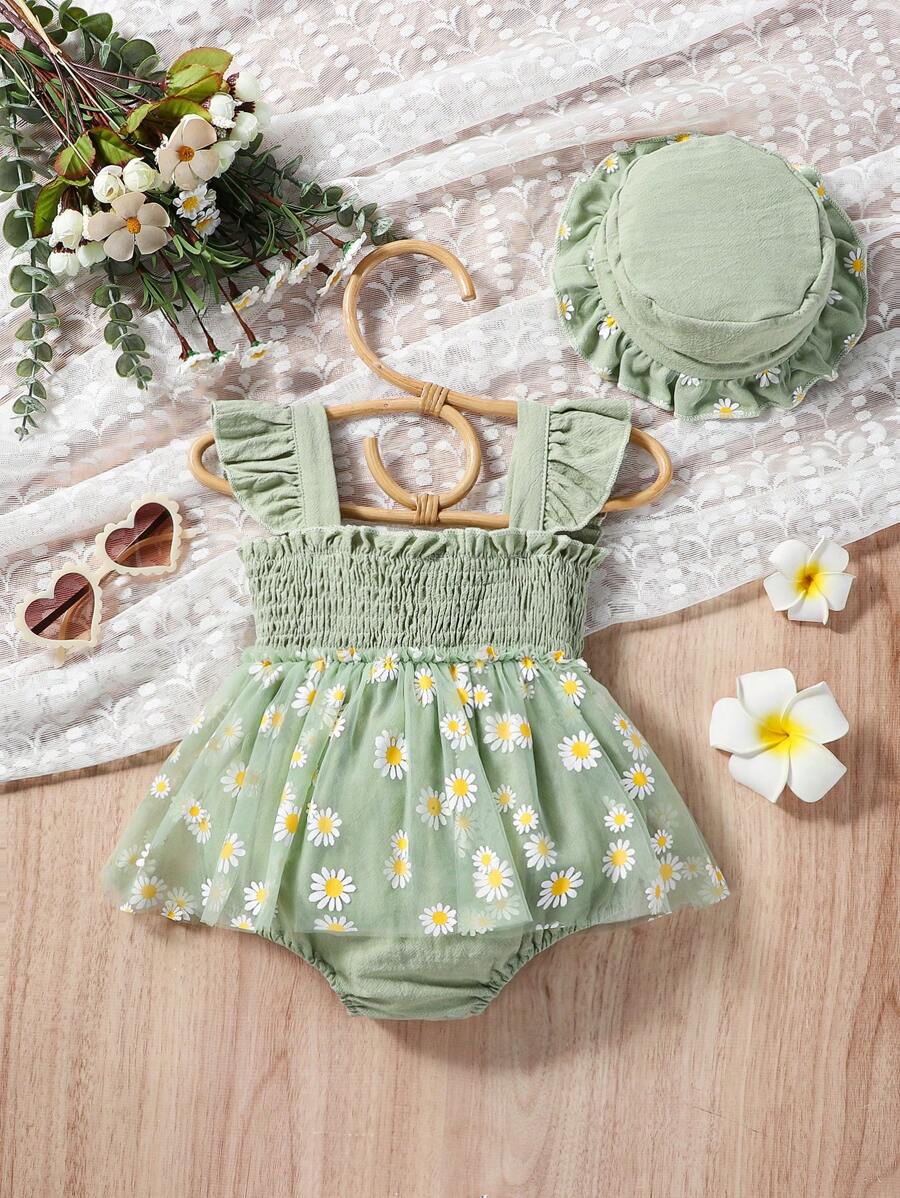 SHEIN Baby Girl Daisy Mesh Bodysuit and Hat Outfit