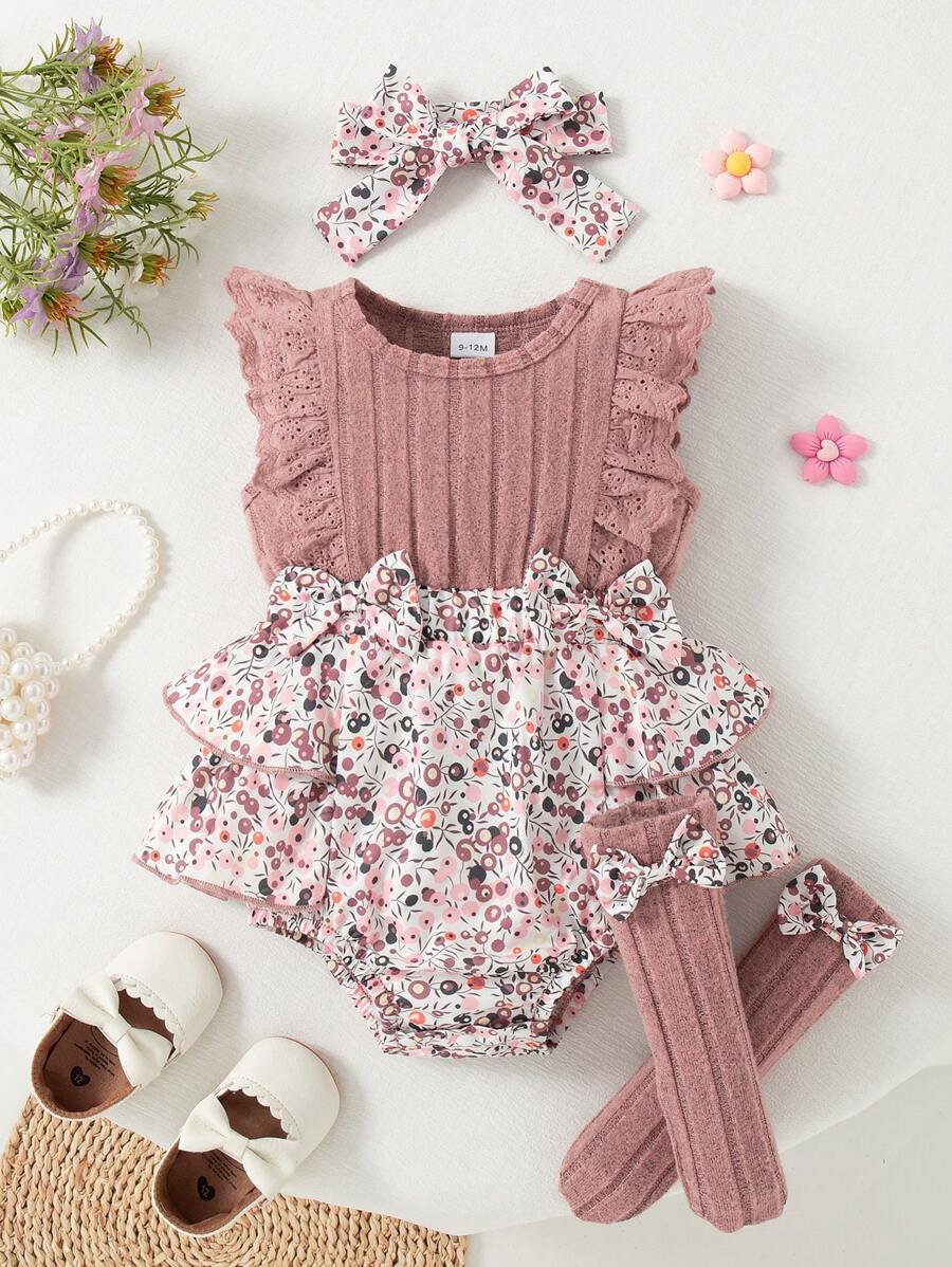 SHEIN Baby Girl Pink Floral Bodysuit Socks And Headband