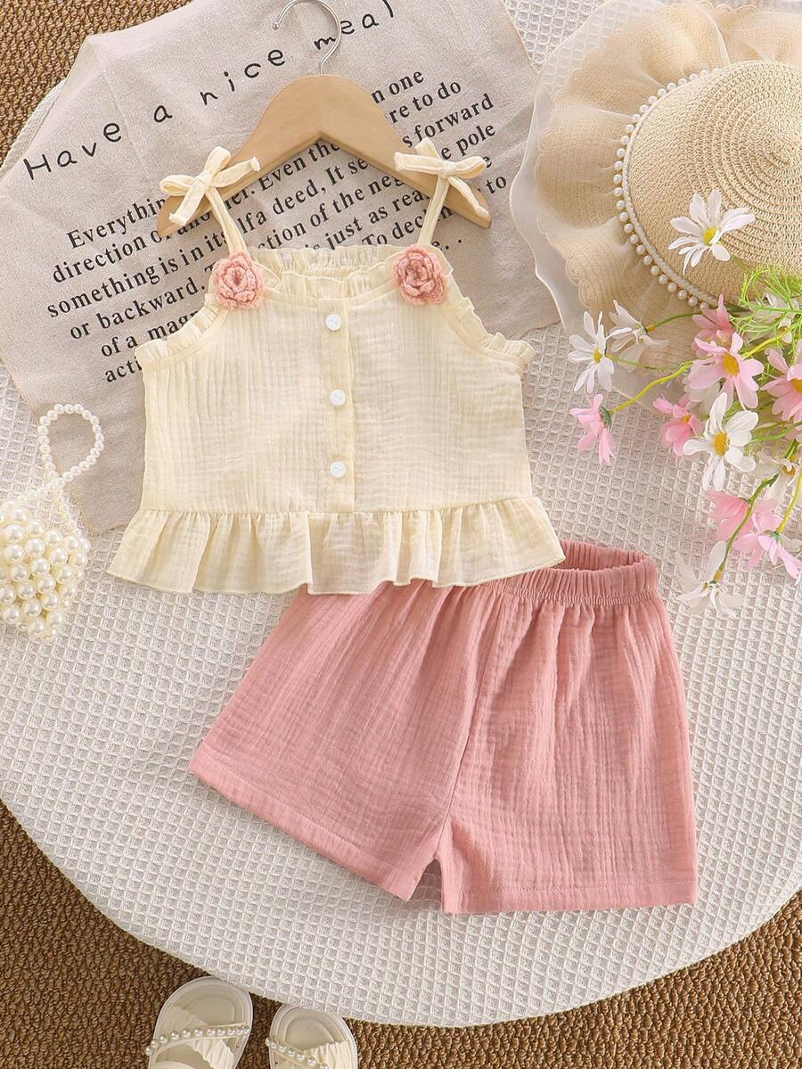 SHEIN Toddler Girls Floral Ruffle Camisole & Shorts Set