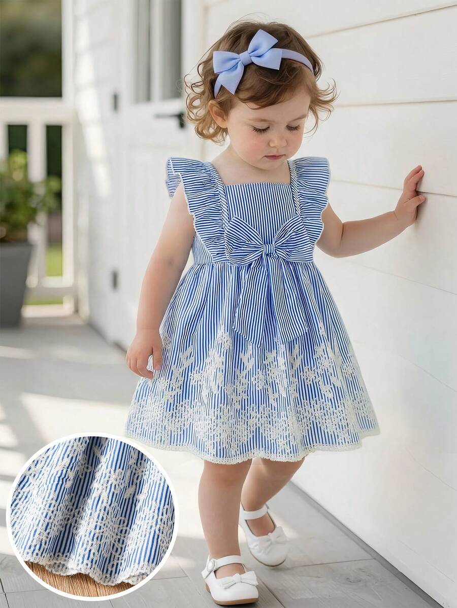 SHEIN Girl Ruffle Sleeve Striped Bow Dress Outfit