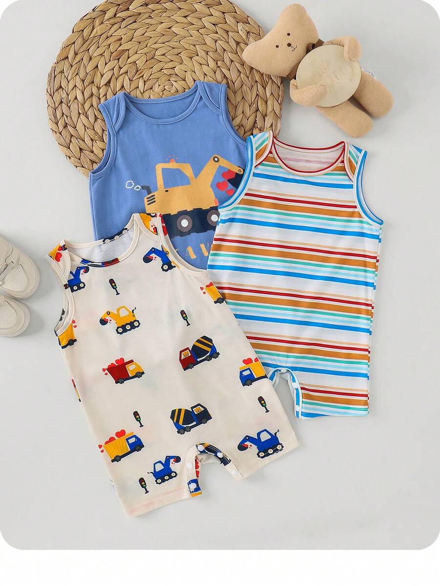 SHEIN 3pcs/Set Newborn Baby Boy/Girl Cute Cartoon & Striped Knitted Romper