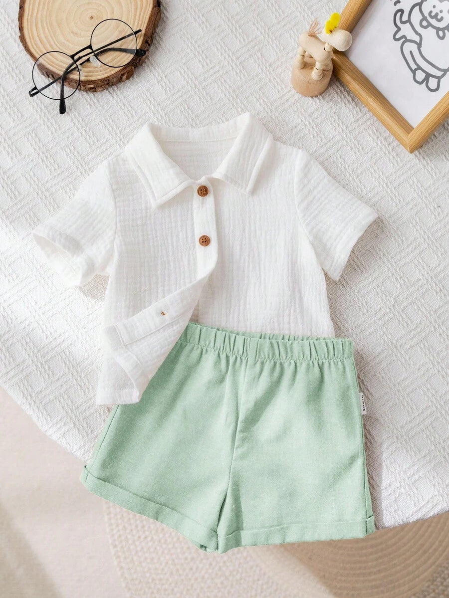 SHEIN 2pcs Newborn Baby Summer Solid Color Shirt& Shorts