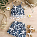 SHEIN Printed Blue White Tassel Camisole Shorts Summer Set