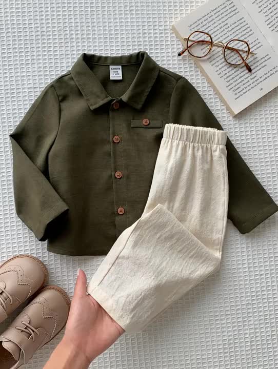 SHEIN Unisex preppy casual shirt set for babies, boys and girls