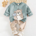 SHEIN Cozy Pixies Top, Cartoon Bear Print and Solid Color Pants Set