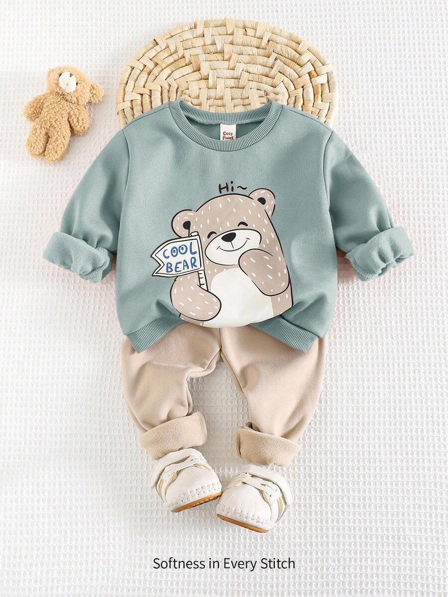 SHEIN Cozy Pixies Top, Cartoon Bear Print and Solid Color Pants Set