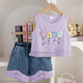SHEIN Girls Floral Embroidery Vest And Tassel Shorts Set