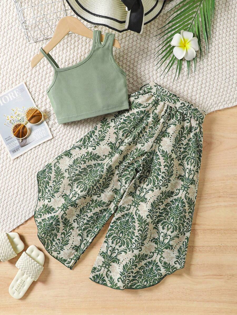 SHEIN Girls Solid Camisole Top & Wide Leg Pants Set