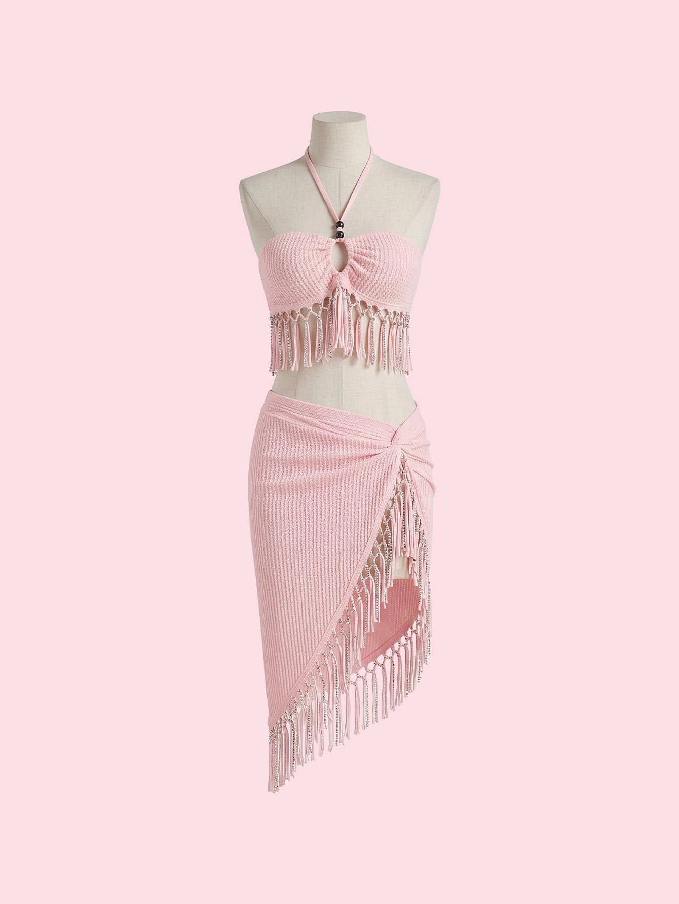 SHEIN Lingerie Fringe Knit Halter Two Piece Beach Skirt Set