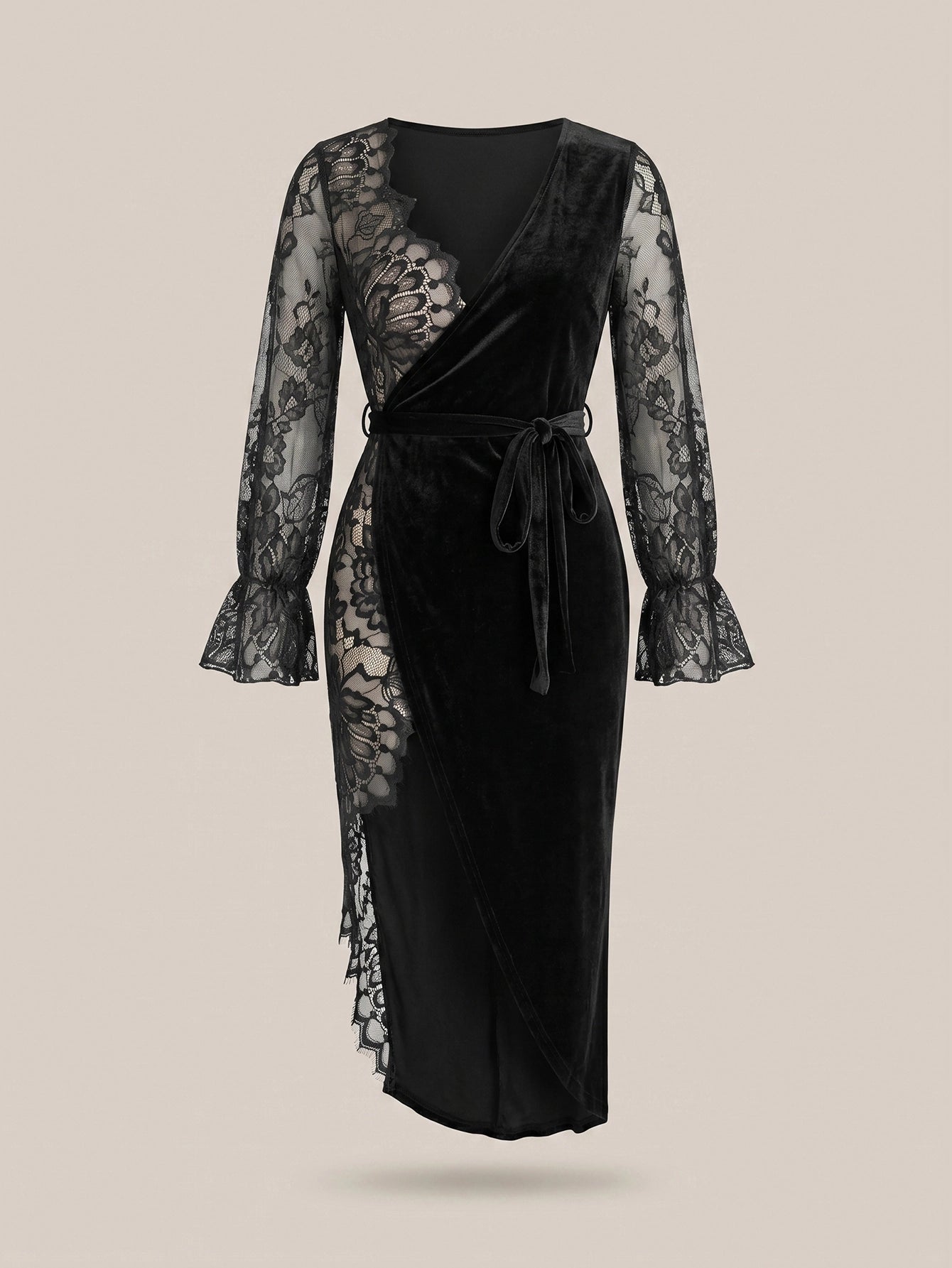 SHEIN Lingerie Elegant Black French Lace Mesh Robe Nightgown Set Black