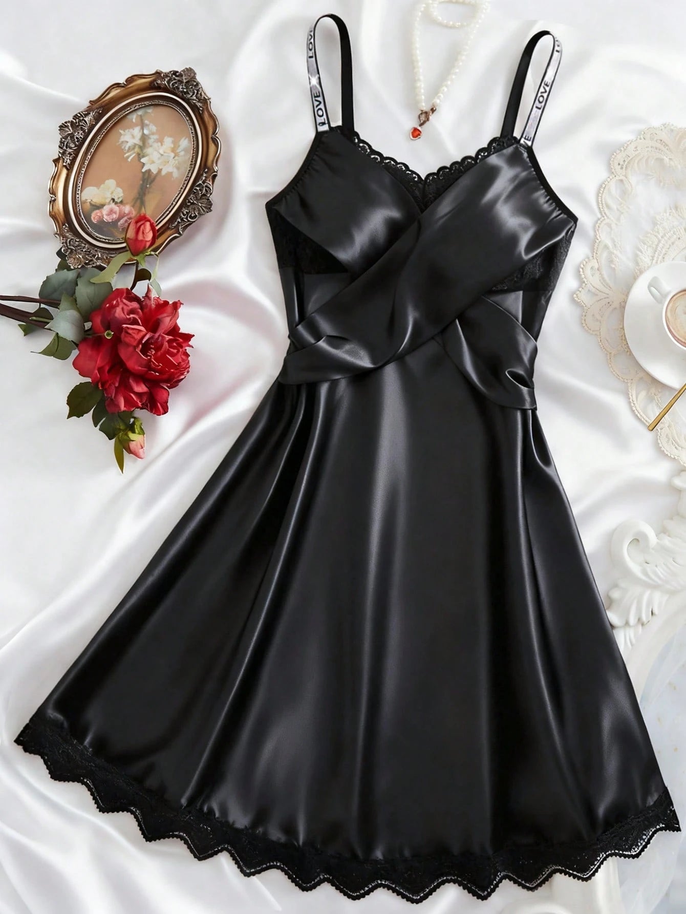 SHEIN Lingerie Sexy "LOVE" Letters Lace Backless Nightgown
