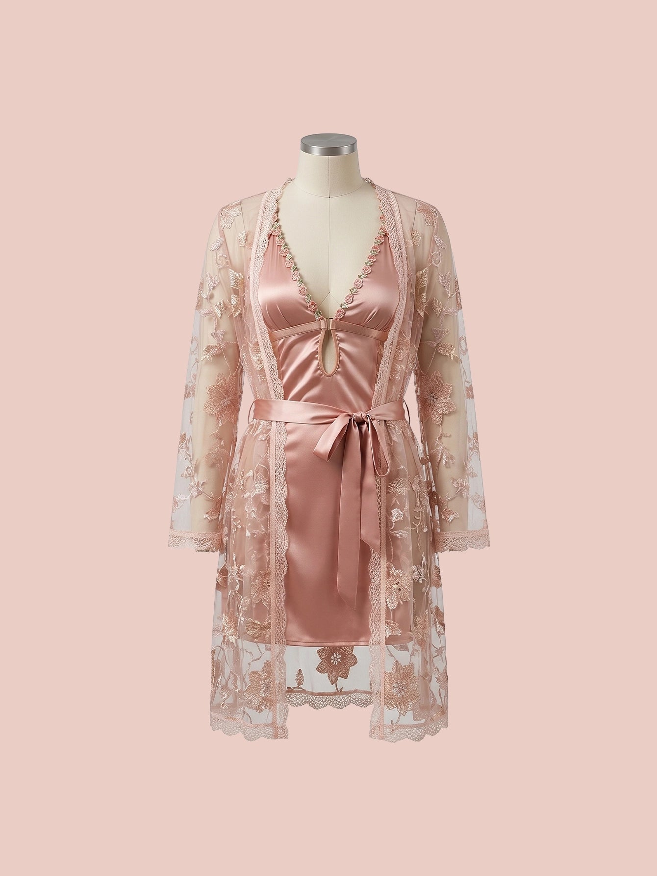 SHEIN Pink Lingerie SilkySpell 2pcs Floral Embroidery Sleep Dress Lace Robe Set