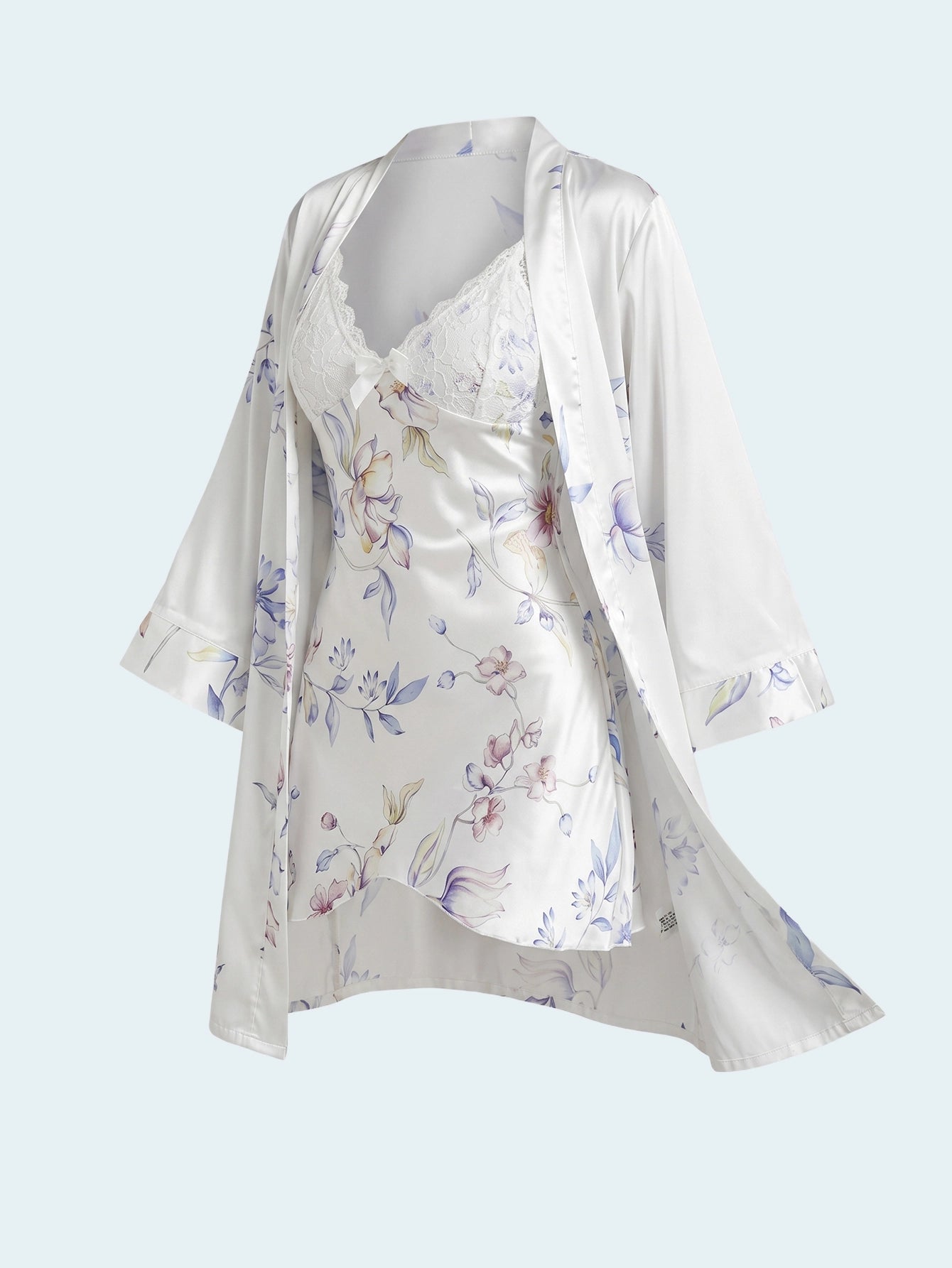 SHEIN Lingerie SilkySpell 2pcs Flower Printed Lace Sleep Dress Robe Set
