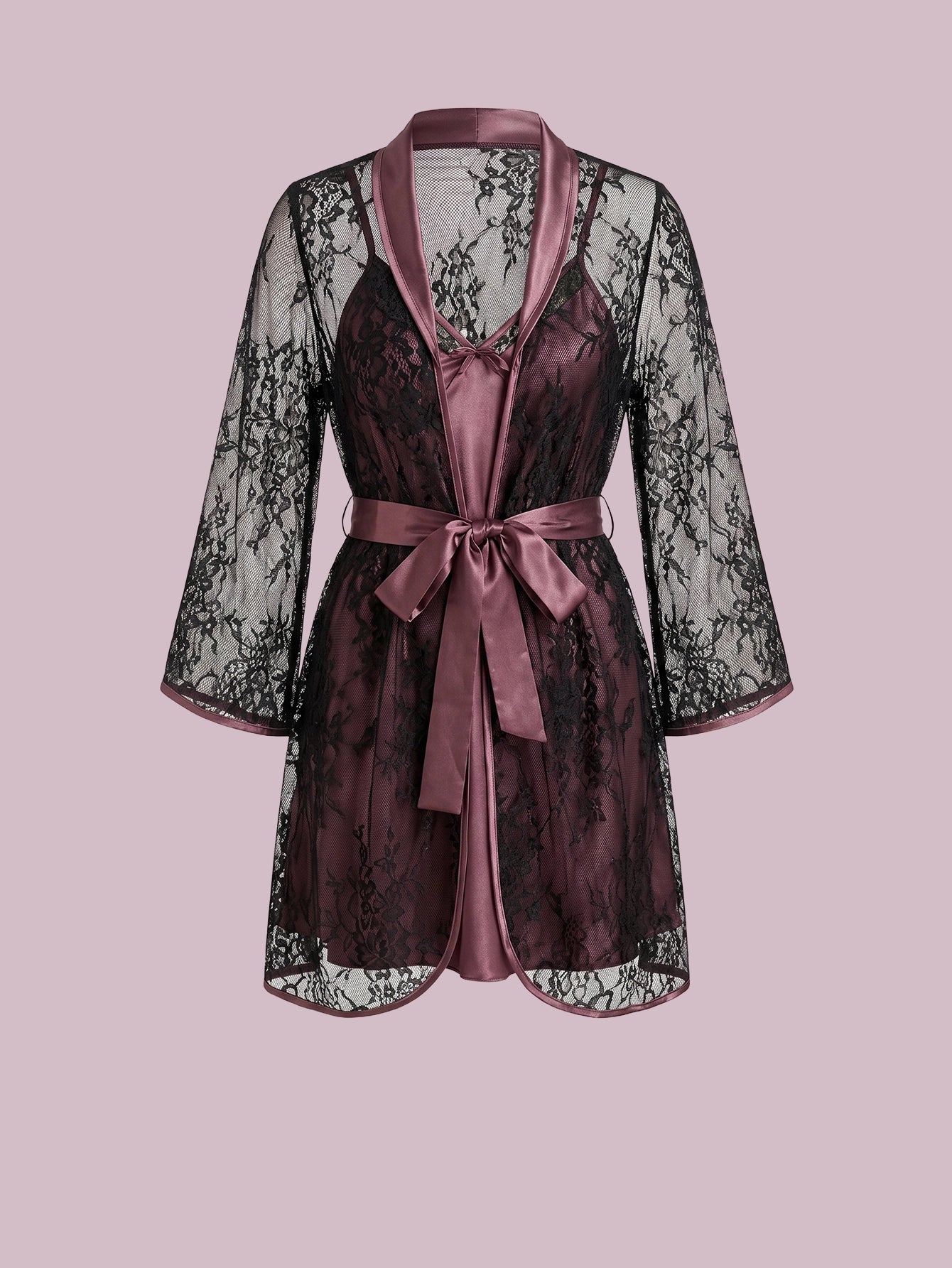 SHEIN Lingerie SilkySpell Lace Belted Robe Cami Pajama Night Dress