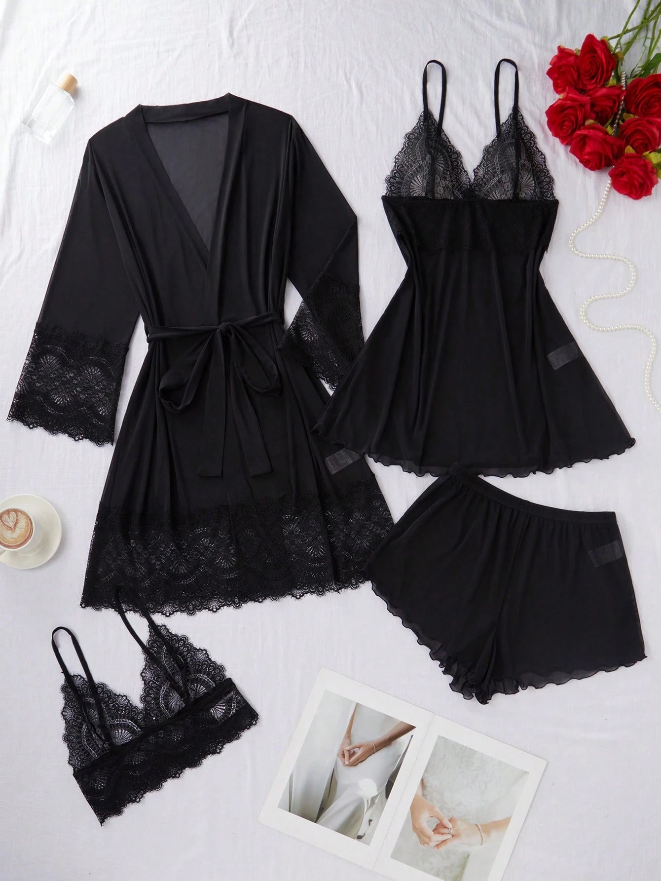 SHEIN Lingerie SilkySpell Lace Trim Mesh Slip Set
