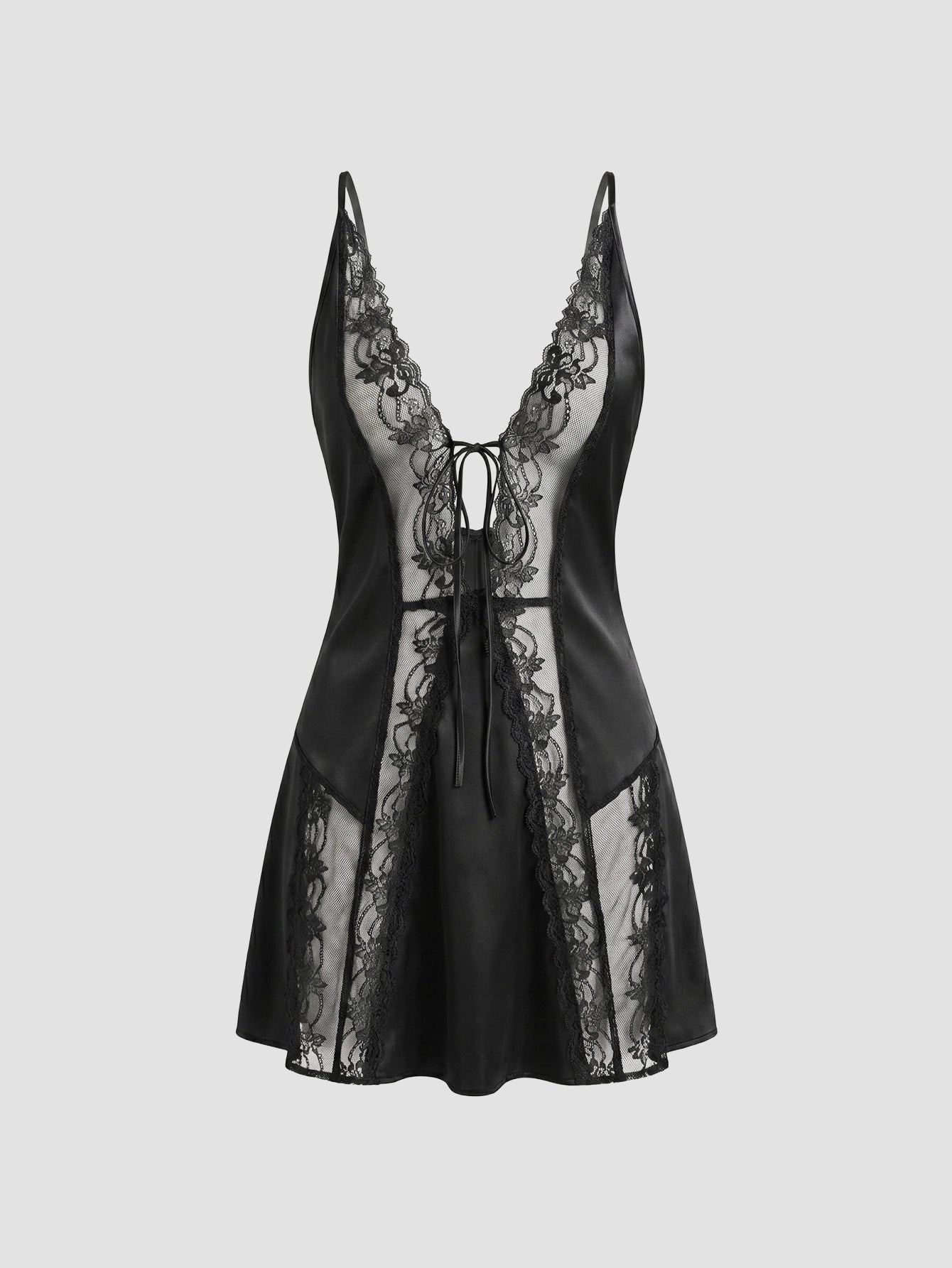 SHEIN Lingerie SilkySpell Lace Patchwork Sheer Deep V Faux Silk Nightgown
