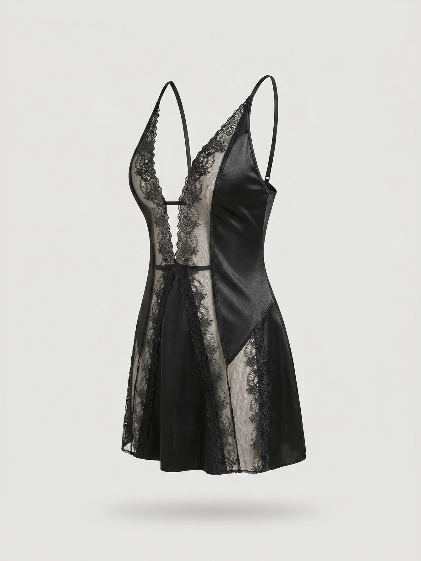 SHEIN Lingerie SilkySpell Lace Patchwork Sheer Deep V Faux Silk Nightgown